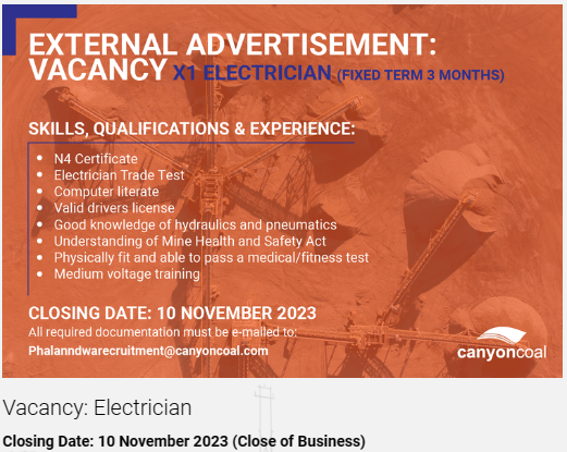 VACANCY ADVERTISEMENT: X1 ELECTRICIAN (Fixed term 3 months)